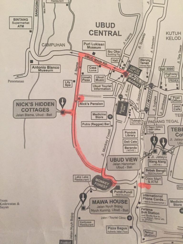 Our map of the ultimate guide to Ubud, all real complete with highlighter! The cross out south is the popular Yoga Barn.